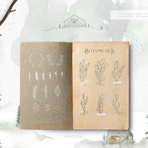 May include: An open notebook with a brown cover and white pages. The pages contain hand-drawn illustrations of botanicals and antlers. The text "Botanicals" is written at the top of the page.