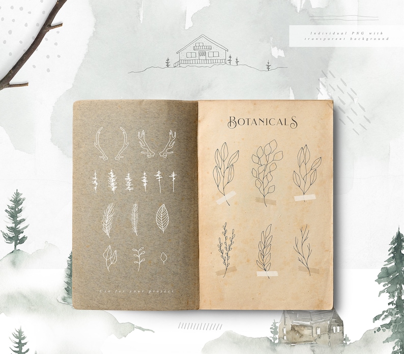 May include: An open notebook with a brown cover and white pages. The pages contain hand-drawn illustrations of botanicals and antlers. The text "Botanicals" is written at the top of the page.