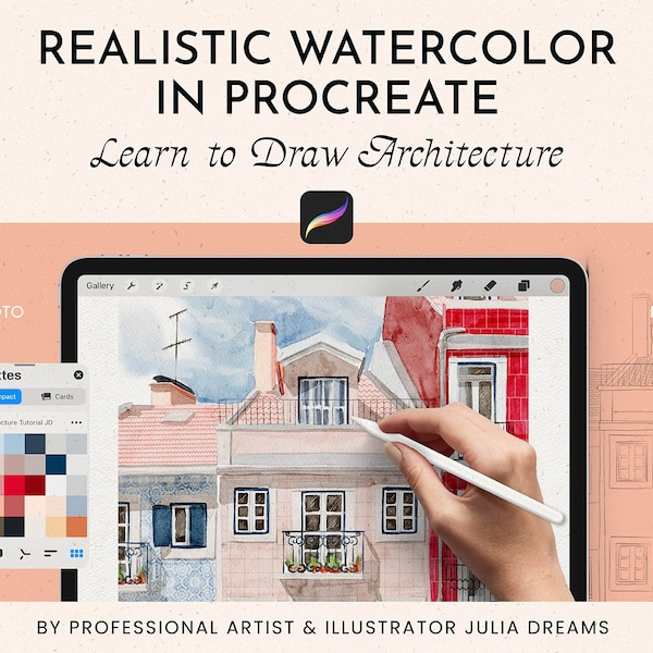 Tutorial Realistic Watercolor in Procreate - Procreate Watercolor Architecture - Drawing Video Watercolor Course - How to Draw Architecture