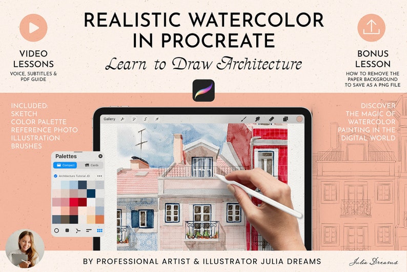 May include: A digital illustration tutorial for learning to draw realistic watercolor architecture in Procreate. The image shows a digital painting of a building with a red tiled roof and a balcony, along with a hand holding a stylus on a tablet screen. The tutorial includes video lessons, a color palette, a reference photo, and illustration brushes.