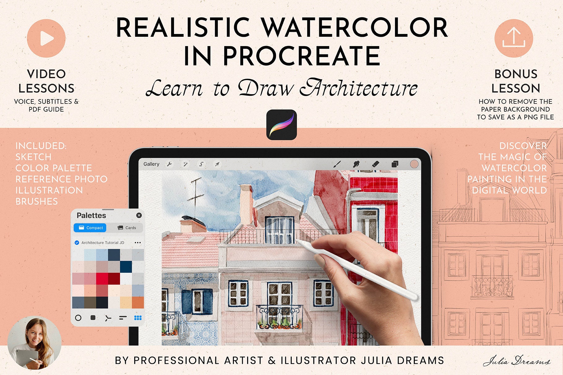 Tutoriel Aquarelle réaliste dans Procreate - Architecture aquarelle Procreate - Cours de dessin vidéo aquarelle - Comment dessiner une architecture