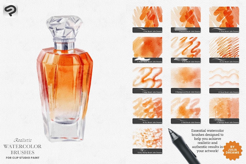May include: A set of 13 watercolor brushes for Clip Studio Paint. The brushes are designed to create realistic and authentic watercolor effects. The image shows a variety of brush strokes, including dry brush, wet brush, and edge brush. The brushes are perfect for creating a variety of watercolor effects, from subtle washes to bold strokes.