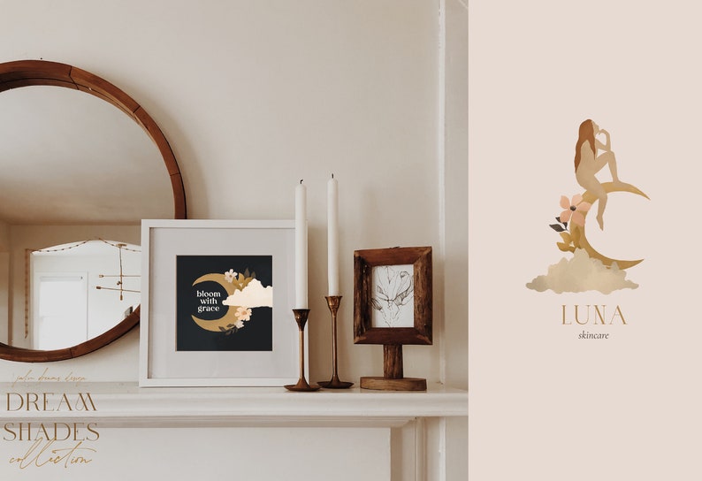 K&ouml;nnte beinhalten: Ein wei&szlig;er gerahmter Druck mit schwarzem Hintergrund und goldenem Halbmond mit dem Text "bloom with grace" und floralen Illustrationen. Der Druck befindet sich auf einem wei&szlig;en Kaminsims mit zwei Kerzenst&auml;ndern und einem kleinen Holzrahmen mit einer Schwarzwei&szlig;zeichnung.