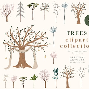 Conjunto de clipart de árvores - árvore desenhada à mão - vetor PNG digital - download instantâneo - logotipo - Sakura - arte moderna - casamento de elementos florais da natureza