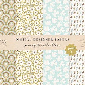 Peaceful Digital Papers - Część 3 - Zastosowanie komercyjne - Papier do scrapbookingu - Wzór bezszwowy - Hippie 70s - Tło - Sztuka tęczy Dove Flowers
