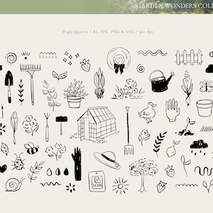 May include: Black and white line art illustrations of gardening tools, plants, and other garden-related items.  The illustrations include a rake, a shovel, a watering can, a greenhouse, a flower, a snail, a ladybug, a bee, a lemon, a strawberry, a sun, a cloud, a fence, a hand, a hat, and a pair of gardening gloves.