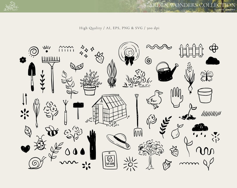 May include: Black and white line art illustrations of gardening tools, plants, and other garden-related items.  The illustrations include a rake, a shovel, a watering can, a greenhouse, a flower, a snail, a ladybug, a bee, a lemon, a strawberry, a sun, a cloud, a fence, a hand, a hat, and a pair of gardening gloves.