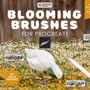 May include: Digital art product advertisement featuring a white goose in a field of yellow and white flowers. The text "BLOOMING BRUSHES FOR PROCREATE" is displayed in a cloud-like font. A stylus and Procreate logo are also visible.