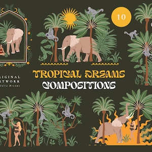 Tropical Dreams Compositions - Invitación a la boda - Invitación a los animales - Digital Jungle Clipart - Ilustraciones del logotipo - Palm Tree Elephant Woman