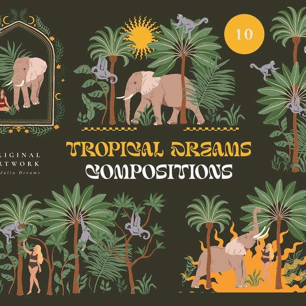 Tropical Dreams Compositions - Wedding Invite - Animals Invitation - Digital Jungle Clipart - Logo Illustrations - Palm Tree Elephant Woman