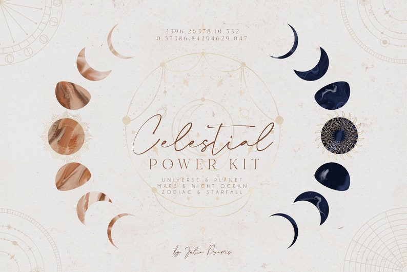 May include: A digital art print featuring a celestial theme. The design includes phases of the moon, suns, and planets in shades of brown and navy blue. The text "Celestial Power Kit" is displayed in elegant script.