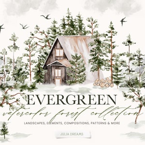 Evergreen Aquacolor Forest Digital Clipart Set - Huwelijksuitnodiging - Floral Elements - Aquarel Bomen - Logo Deer Mountain - Hout plakjes