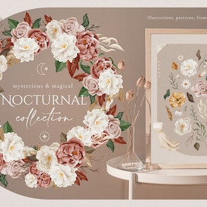Nachtelijke aquarel Bloemen Digitale Clipart - Individuele PNG Files - Boho Wedding - Hand Painted Graphic Set - Floral Frame - Herfst Art