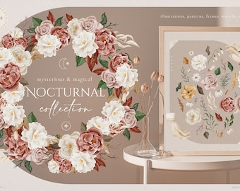 Nocturnal Watercolor Flowers Digital Clipart - Individual PNG Files - Boho Wedding - Hand Painted Graphic Set - Floral Frame - Autumn Art