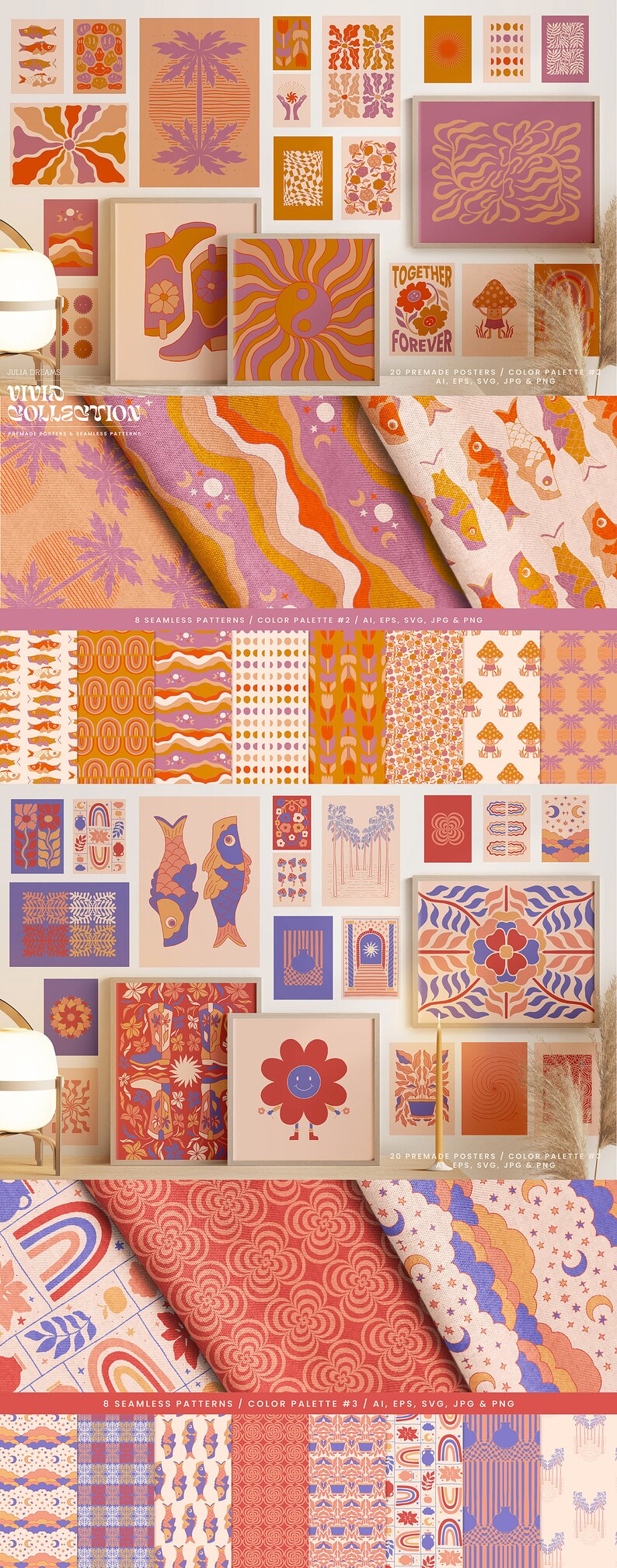 Vivid Posters Patterns Bundle - Boho 70s Logo Digital Clipart ...