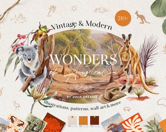 Australiens underverk akvarell digital clipart set - bröllopsinbjudan - blommiga element - akvarell träd - logotyp djur digitala papper