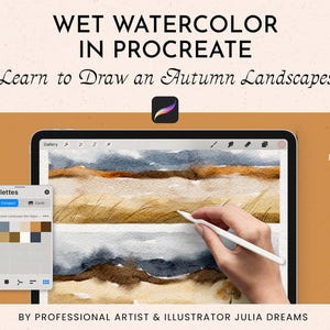 Puede incluir: Anuncio de un curso de pintura digital con acuarela en Procreate. La imagen muestra una tableta que muestra una pintura de paisaje, una paleta de colores y el texto "Wet Watercolor in Procreate". El curso incluye lecciones en video, voz, subtítulos y una guía en PDF.