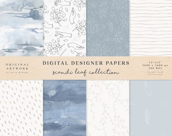 Scandi Leaf Digital Paper - Scrapbook Papers - Patrones sin costuras - Fondo digital - Juego de papel acuarela - Línea de manos de invitación de boda