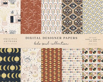 Boho Soul Digital Paper Set - Scrapbook Paper - Seamless Patterns - Digital Background - Printable Paper Set - Moon Hands Geometric Home