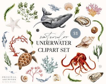Underwater Watercolor Digital Clipart Set - Nautical - Wedding Invitation - Ocean Elements - Watercolor Logo Sea Whale Octopus Seashell