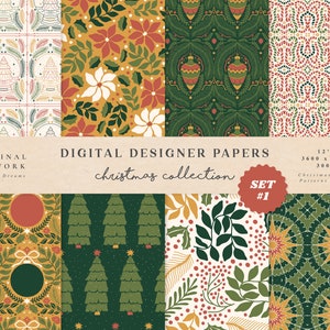 May include: Set of 8 digital Christmas paper designs featuring various patterns including a green and red geometric pattern, a green and white floral pattern, a green and red floral pattern, a green and white geometric pattern, a green and white floral pattern, a green and white floral pattern, a green and white floral pattern, and a green and white floral pattern. The papers are 12 inches by 12 inches and 300 DPI.