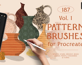May include: A set of 187 digital pattern brushes for Procreate, featuring stripes, stars, groovy, boho, animal prints, checkered, and floral designs. The brushes are shown on a digital tablet screen and on a background with illustrations of vases with patterned designs.