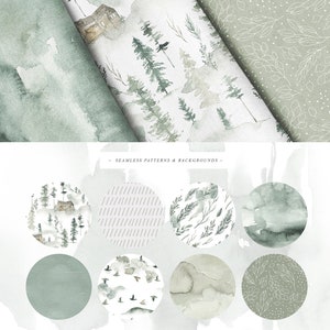 May include: Set of 8 watercolor seamless patterns and backgrounds featuring forest, foliage, and abstract designs in shades of green and white.  Perfect for digital scrapbooking, crafting, and design projects.