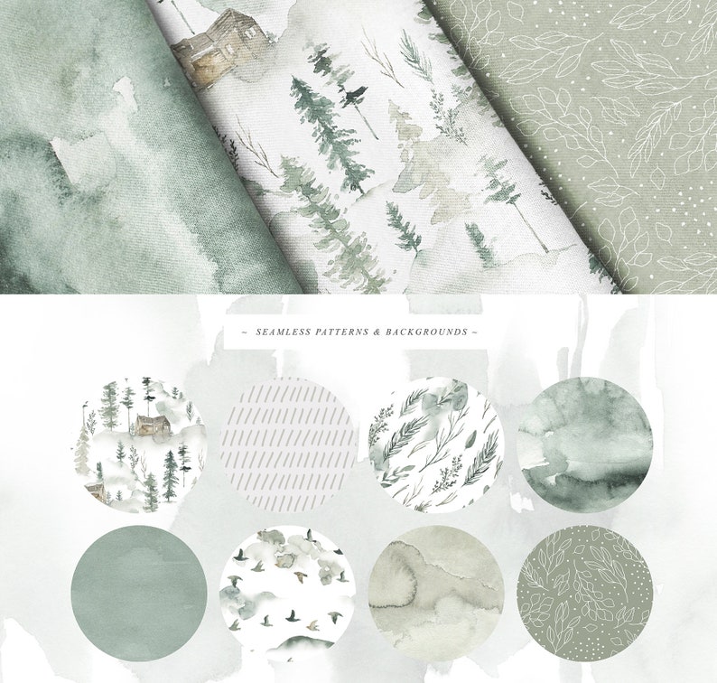 May include: Set of 8 watercolor seamless patterns and backgrounds featuring forest, foliage, and abstract designs in shades of green and white.  Perfect for digital scrapbooking, crafting, and design projects.
