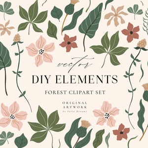 Fleurs Clipart forêt Boho - fleur botanique Clip Art - vecteur fleur Illustration - individuel PNG - SVG - Logo impression 70 s fleurs feuilles