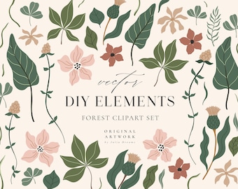Flowers Clipart Forest Boho - Botanical Flower Clip Art - Vector Flower Illustration - Individual PNG - SVG - Logo Print 70s Flowers Leaves