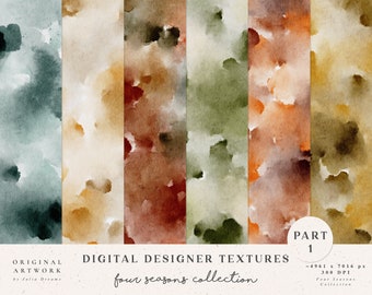 May include: Four digital watercolor textures in green, yellow, orange, and brown tones. The textures are seamless and can be used for backgrounds, patterns, and other design projects. The text "four seasons collection" is at the bottom of the image.