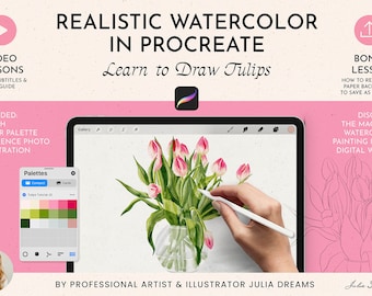 Tutoriel Aquarelle réaliste dans Procreate Tulipes - Procreate Aquarelle de fleurs - Cours de dessin vidéo d&#39;aquarelle - Comment dessiner une fleur