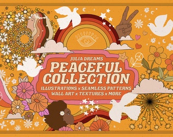 May include: A digital illustration set with a retro 70s theme. The set includes illustrations of flowers, doves, rainbows, stars, and a peace sign. The text "JULIA DREAMS PEACEFUL COLLECTION ILLUSTRATIONS X SEAMLESS PATTERNS WALL ART X TEXTURES X MORE" is displayed in a bold, retro font.