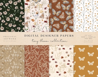 Tiny Bloom Digital Papers - Papiers Scrapbook - Motifs sans couture - Arrière-plan numérique - Ensemble de papier aquarelle - Meadow Flowers Butterfly