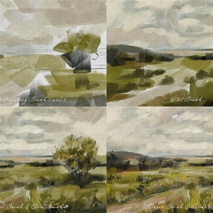 May include: Four different brush strokes on a canvas background, showing the effects of different Procreate brushes. The brush strokes are of a landscape scene with a tree, grass, and sky.