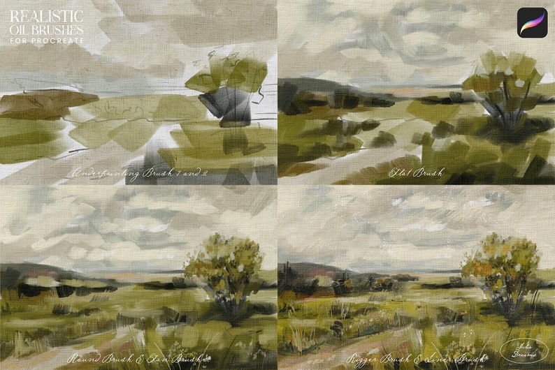 May include: Four different brush strokes on a canvas background, showing the effects of different Procreate brushes. The brush strokes are of a landscape scene with a tree, grass, and sky.