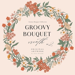 Groovy Bouquet Blumenkranz 2 - Boho Blumen - Kranz Clipart - Sommer Clipart - Wiesenblumen - Individuelle PNG - 70er Blumen Einladung