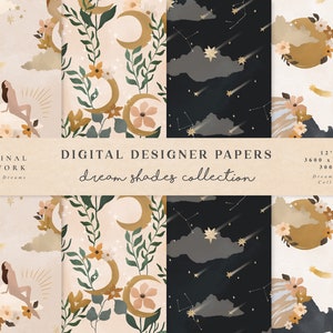 Papéis Digitais Dream Shades - Papéis para Scrapbook - Padrões Sem Costura - Fundo Digital - Conjunto de Papel Imprimível - Aquarela Floral - Lua Sol