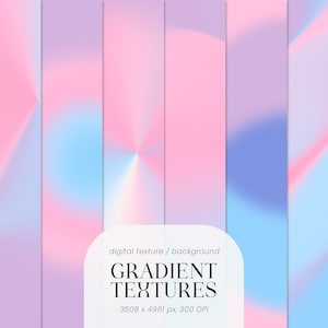 May include: Set of six digital gradient textures in pink, blue, and white colors. The textures are 3508 x 4961 pixels and 300 DPI.  The text "GRADIENT TEXTURES" is in the center of the image.