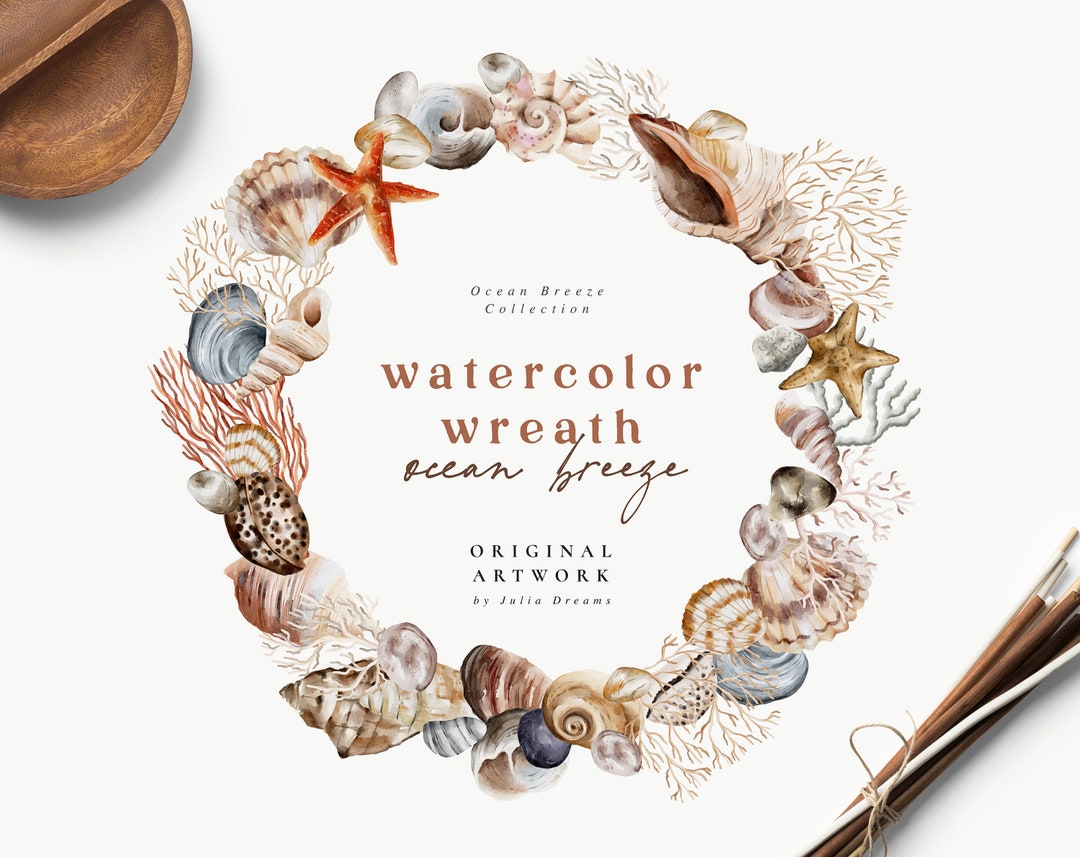 Watercolor Ocean Wreath Round Digital Clipart Individual PNG Files