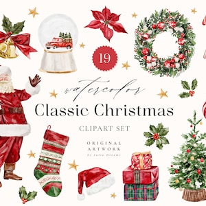 Zestaw świątecznych clipartów - akwarela Vintage Christmas Clip Art cyfrowy - do wydruku PNG natychmiastowe pobranie - świąteczny Mikołaj - sztuka ścienna