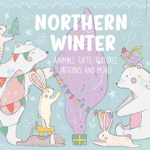 Könnte beinhalten: Eine digitale Illustration einer Winterszene mit Eisbären und Hasen, die einen violetten Weihnachtsbaum mit Lichtern schmücken. Der Text "NORTHERN WINTER" befindet sich oben im Bild. Der Text "ANIMALS, GIFTS, TEXTURES, PATTERNS AND MORE!" befindet sich unter dem Baum.