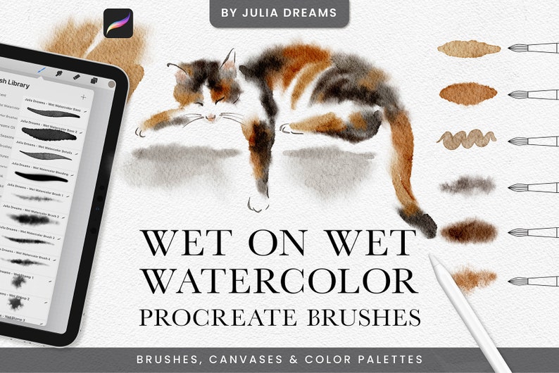 May include: A digital illustration of a watercolor cat with brown, black, and white fur. The image is used to advertise a set of Procreate brushes for creating wet-on-wet watercolor effects.