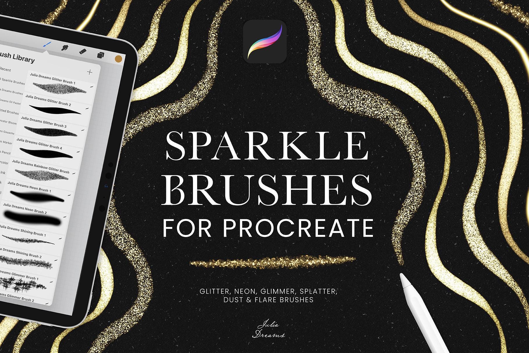 Pinceles Realistas de Procreate con Brillo – Kit de Glitter, Neón, Flare y Destello Metálico para iPad