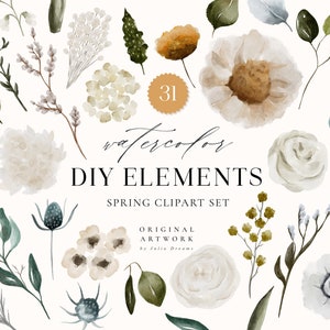 Aquarelle de printemps Fleurs Clipart Numériques - Fichiers PNG individuels - Mariage - Éléments floraux - Bricolage Fleurs - Aquarelle Fleurs sauvages Feuilles
