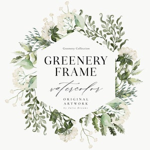 Peut inclure: Un cadre hexagonal composé de verdure aquarelle avec des fleurs blanches. Le texte "Greenery Collection" et "Greenery Frame watercolor" est à l'intérieur du cadre. Le texte "Original Artwork by Julia Dreams" est sous le cadre.