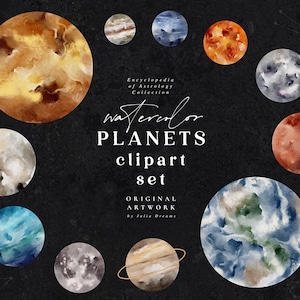 May include: Watercolor clipart set of planets in various colors, including blue, green, brown, orange, and gray. The planets are painted in a realistic style with swirling patterns and textures. The text "Watercolor Planets clipart set" is written in a decorative font.