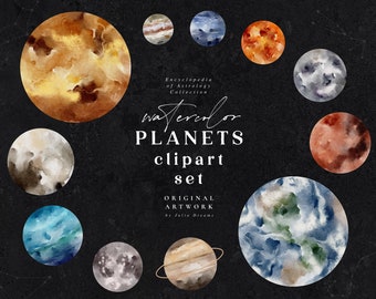 Watercolor Planets Clipart Set - Solar System Download - Commercial Use - Instant Download - Earth - Jupiter - Saturn - Mars - Moon - Sun