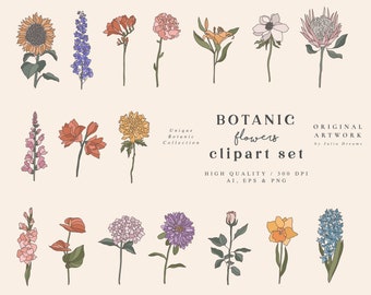 Fleurs botaniques Clipart - Botanique Flower Clip Art - Vector Flower Illustration - PNG individuel - Logo Print - Planner Stickers Cards