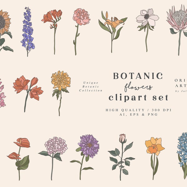 Clipart di Fiori Botanici - ClipArt Fiore Botanico - Illustrazione di Fiori Vettori - PNG Individuale - Logo Print - Planner Stickers Cards